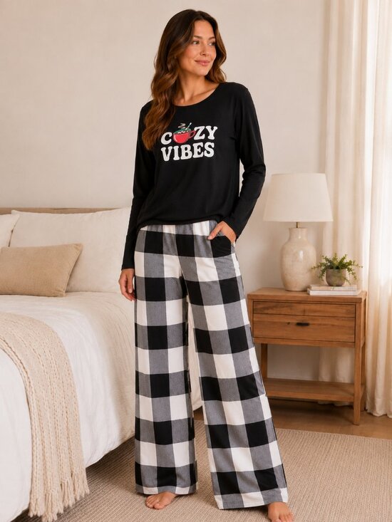 Ardene Other - Women's Cozy Vibes Pajama Set Black Graphic Top Buffalo Plaid Lounge Pants Soft